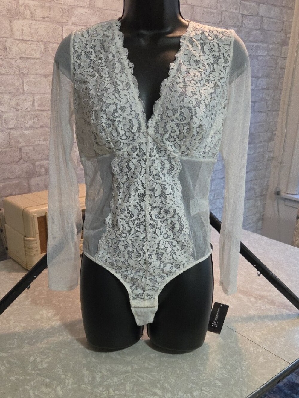 INC International Concepts Washed White Lace Long-Sleeve Sheer Bodysuit